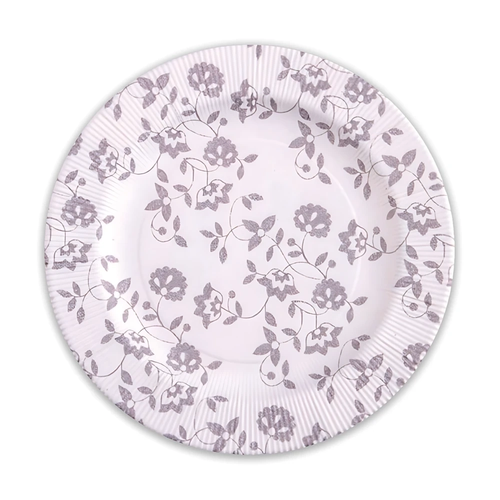 Piatti Taupe grandi  in cartoncino compostabile, bordo pieghettato e stampa Natura 27cm, 8pz.