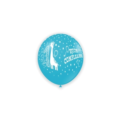Palloncini 5" (12cm) celeste 46 con stampa bianca 1° Compleanno globo, 100pz.