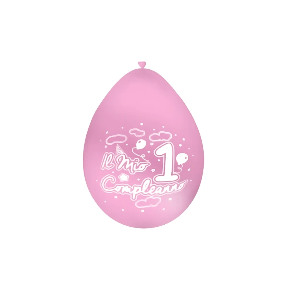 Palloncini 10" (26cm) rosa 26 con stampa bianca 1° Compleanno su 2 lati, 100pz.
