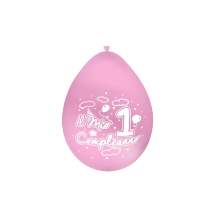 Palloncini 10" (26cm) rosa 26 con stampa bianca 1° Compleanno su 2 lati, 100pz.