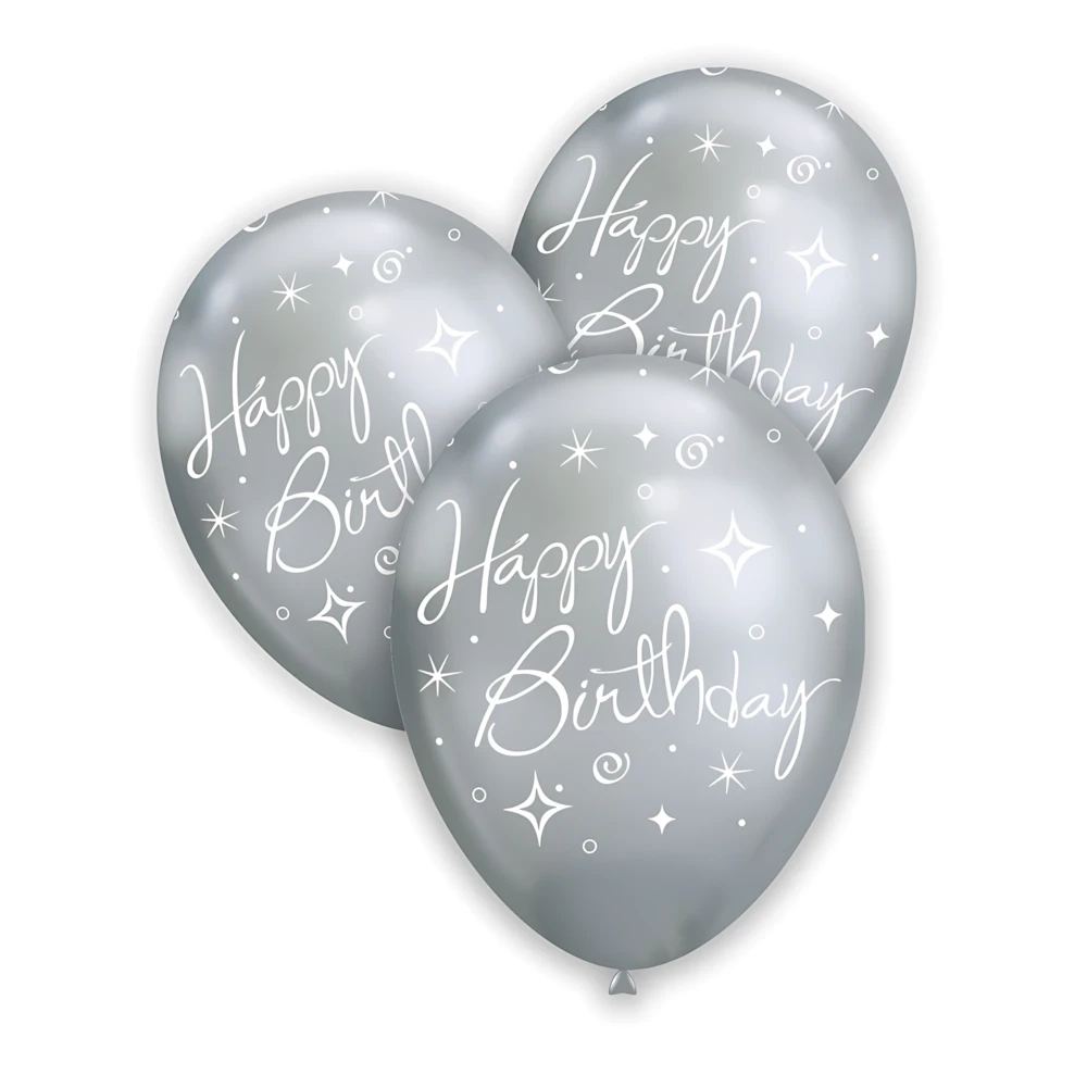 Palloncini 12" (30cm) argento titanio 102 con stampa bianca Happy Birthday globo, 100pz.