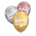 Palloncini 13" (33cm) assortiti cromati con stampa bianca Happy Birthday su due lati, 50pz.