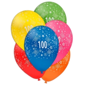 Palloncini 12" (30cm) assortiti con stampa bianca globo Numero 100, 100pz.