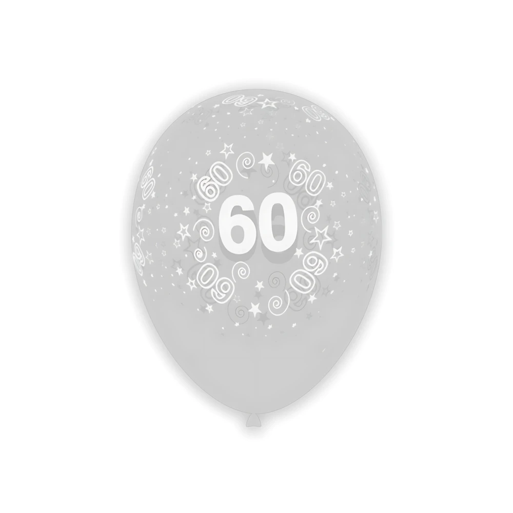 Palloncini 12" (30cm) trasparente 57 con stampa bianca globo Numero 60, 100pz.
