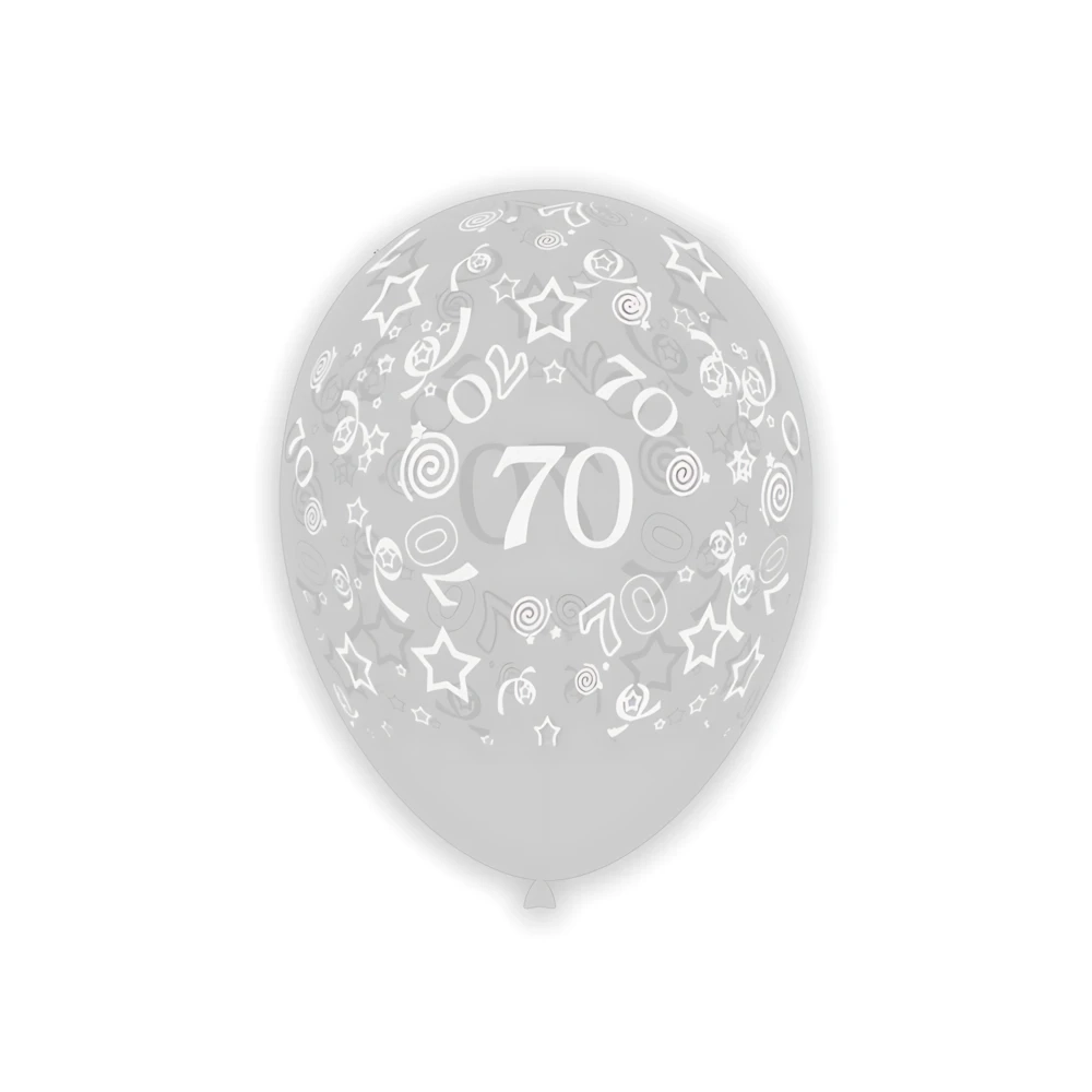 Palloncini 12" (30cm) trasparente 57 con stampa bianca globo Numero 70, 100pz.