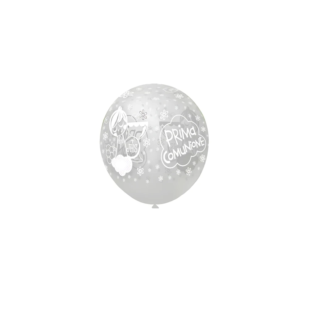Palloncini 5" (12cm) trasparente 57 con stampa bianca globo Prima Comunione, 100pz.