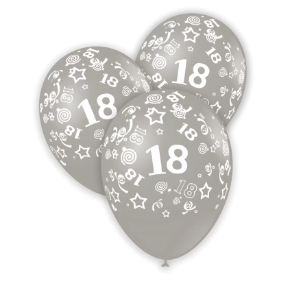 Palloncini 12" (30cm) argento con stampa bianca globo numero 18, 100pz.