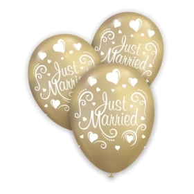 Palloncini 12" (30cm) oro titanio 101 con stampa bianca globo Just Married, 100pz.