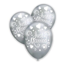 Palloncini 12" (30cm) argento titanio 102 con stampa bianca globo Just Married, 100pz.