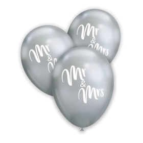 Palloncini 12" (30cm) argento titanio 102 con stampa bianca Mr. Mrs. su 2 lati, 100pz.
