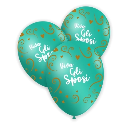 Palloncini 13" (33cm) aquamarina con stampa bianco e oro globo Viva gli Sposi, 100pz.