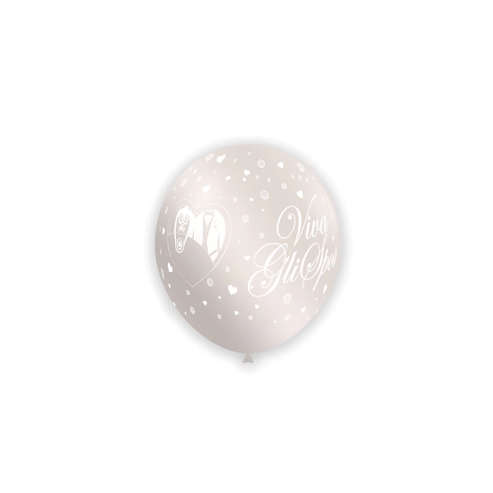 Palloncini 5" (12cm) perla 60 con stampa bianco globo Viva gli Sposi, 100pz.