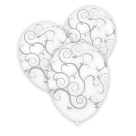 Palloncini 12" (30cm) bianco 10 con stampa argento globo Filigrana, 100pz.