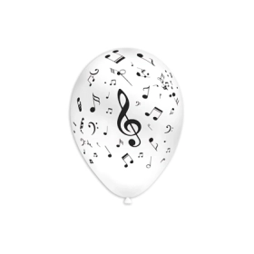 Palloncini 12" (30cm) bianco 10 con stampa nera globo Note Musicali, 100pz.