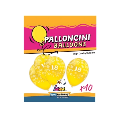 Palloncini 12" (30cm) giallo 11 con stampa bianca globo numero 18, 10pz.