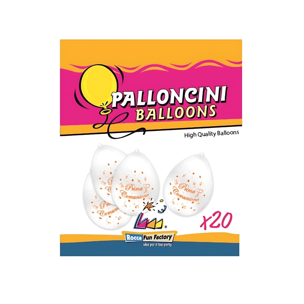 Palloncini 10" (26cm) bianco 10 con stampa ocra Prima Comunione su 2 lati, 20pz.