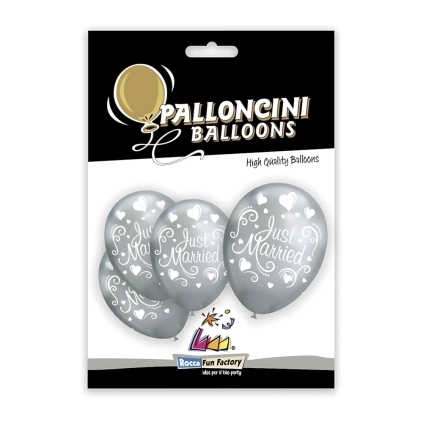 Palloncini 12" (30cm) argento titanio 102 con stampa bianca globo Just Married, 5pz.