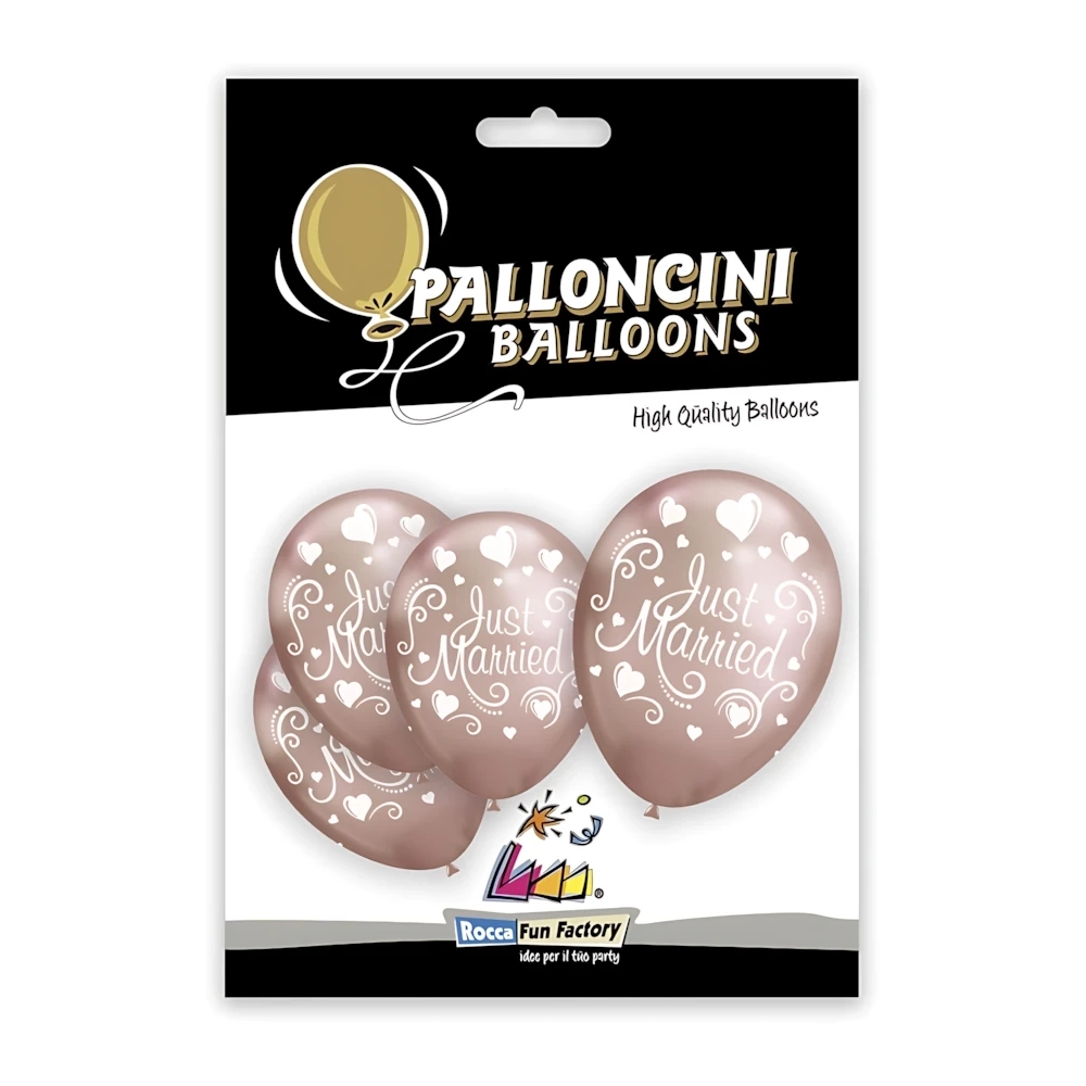 Palloncini 12" (30cm) rosa gold con stampa bianca globo Just Married, 5pz.