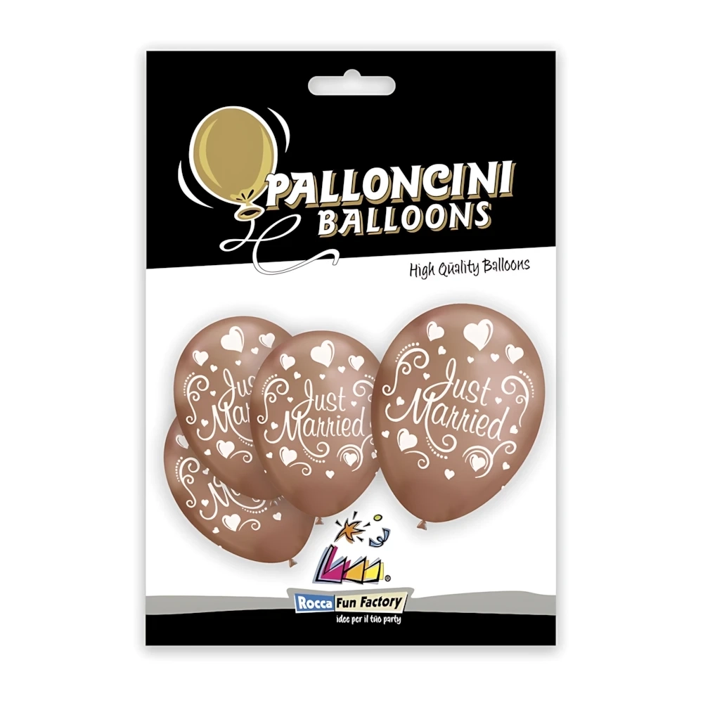 Palloncini 12" (30cm) rame titanio 104 con stampa bianca globo Just Married, 5pz.