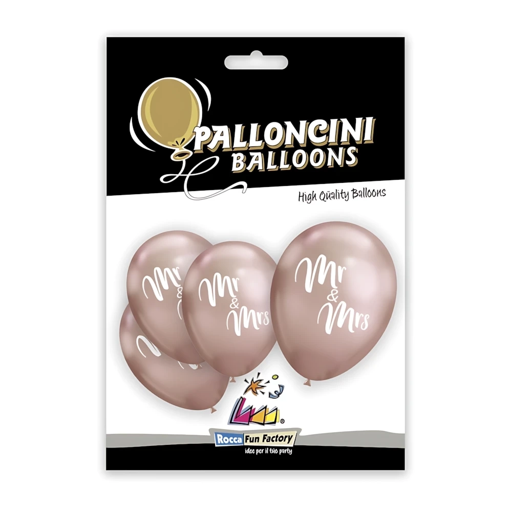 Palloncini 12" (30cm) rosa gold con stampa bianca Mr. Mrs. su 2 lati, 5pz.