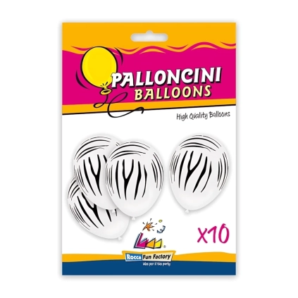 Palloncini 12" (30cm) bianco 10 con stampa nera globo Zebra, 10pz.