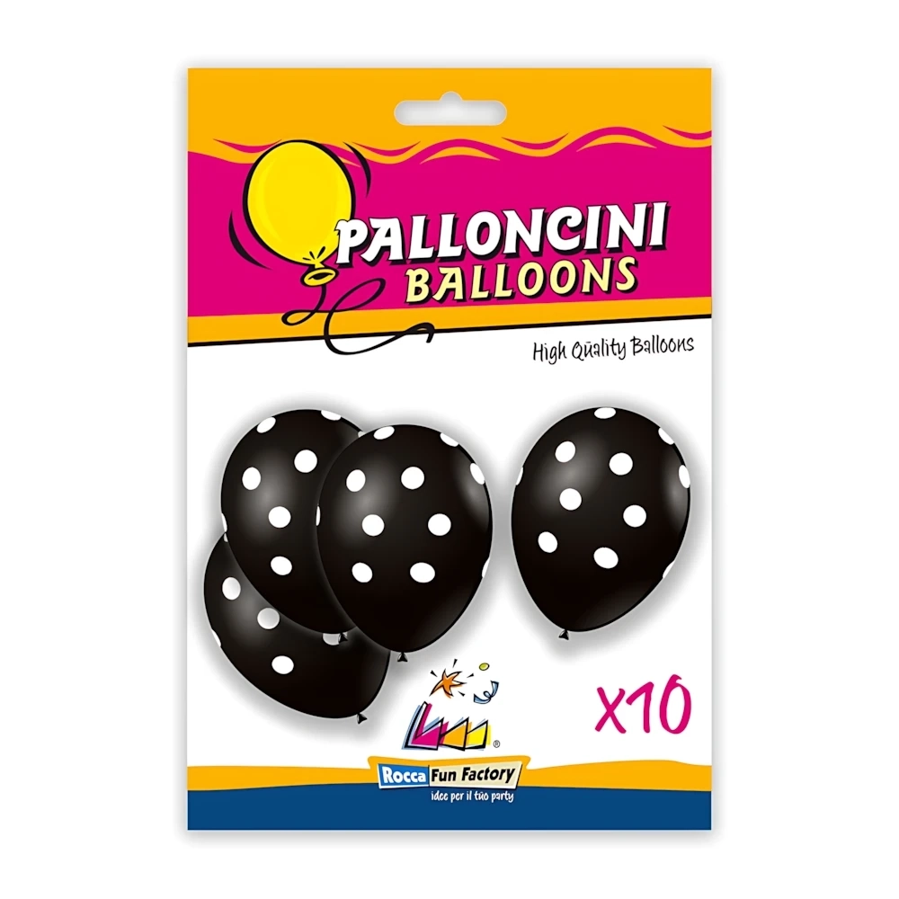 Palloncini 12" (30cm) nero 15 con stampa bianca globo Pois, 10pz.
