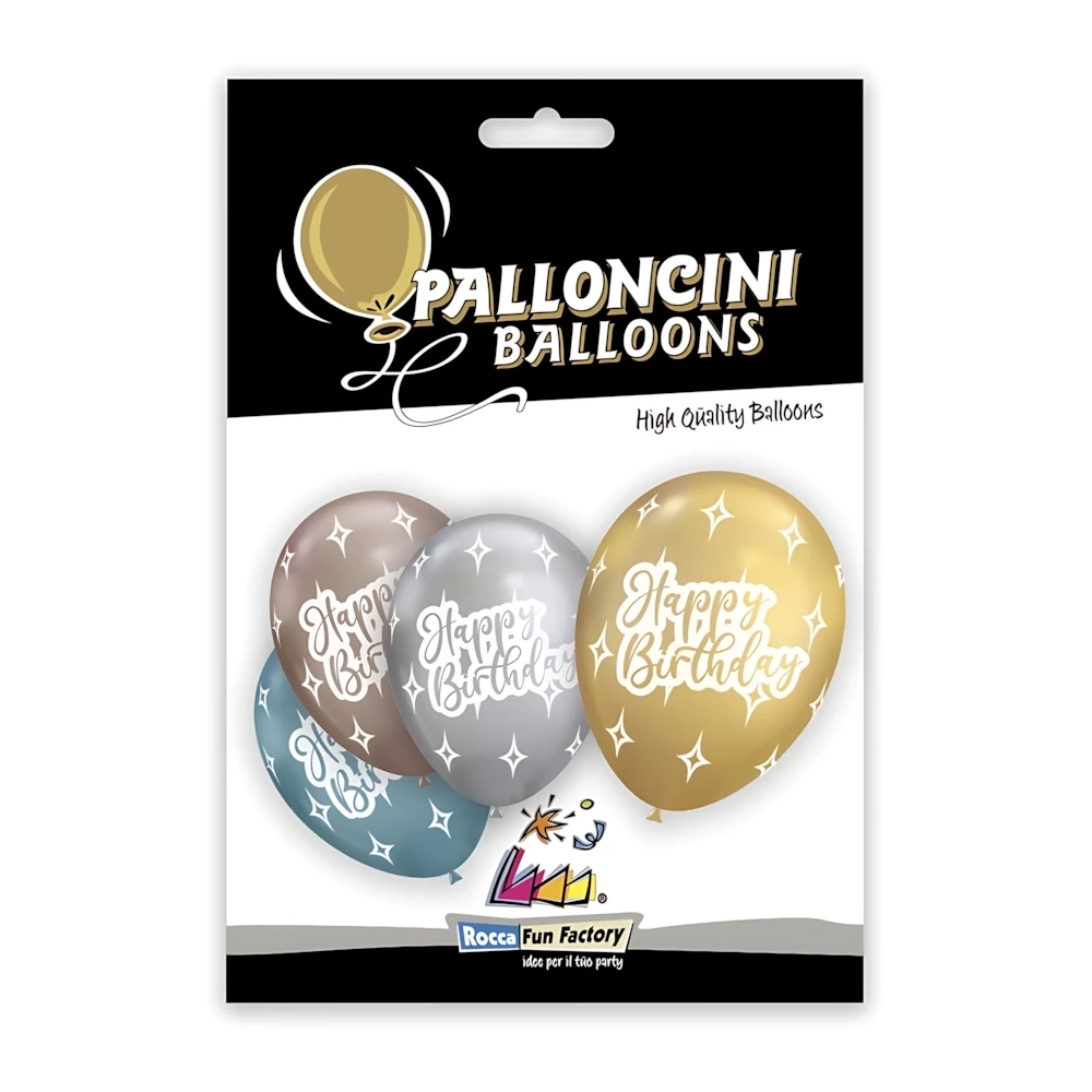 Palloncini 13" (33cm) assortiti con stampa bianca globo Happy Birthday, 5pz.