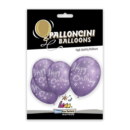 Palloncini 12" (30cm) viola con stampa bianca globo Happy Birthday, 5pz.