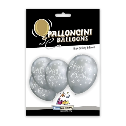 Palloncini 12" (30cm) argento con stampa bianca globo Happy Birthday, 5pz.