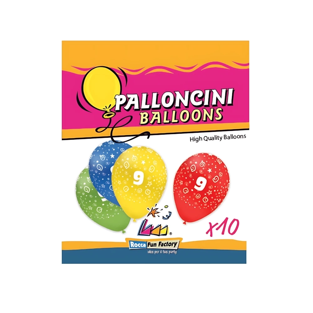 Palloncini 12" (30cm) assortiti con stampa bianca globo Numero 9, 10pz.