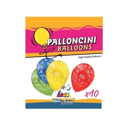 Palloncini 12" (30cm) assortiti con stampa bianca globo Numero 80, 10pz.