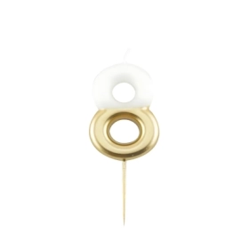 Candelina Metal numero 8 Bianca e Oro 10,5cm, 1pz.