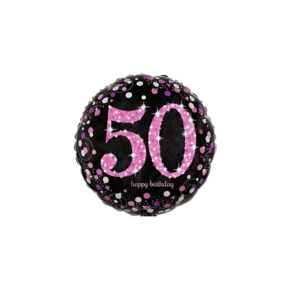 Palloncino Happy Birthday 50 rosa e nero olografico standard shape 18" (45cm) in mylar, 1pz.