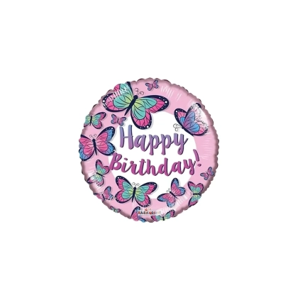 Palloncino Happy Birthday Farfalle standard shape 18" (45cm) in mylar, 1pz.