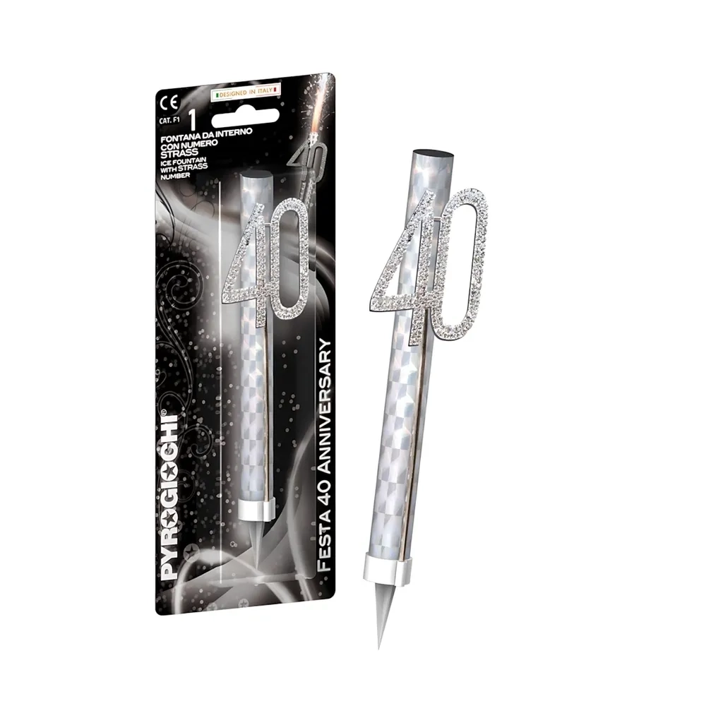 Candela fontana pirotecnica Anniversary argento numero 40 con strass, categoria F1, 1pz.