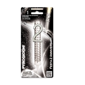 Candela fontana pirotecnica Anniversary argento numero due con strass, categoria F1, 1pz.