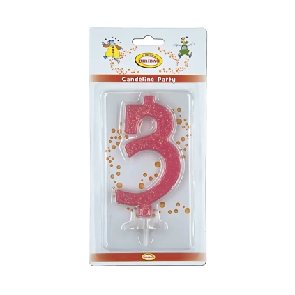 Candelina numero 3 rosa glitter grande, 1pz.