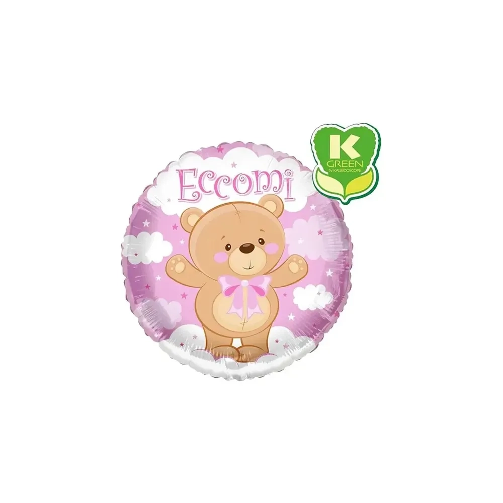 Palloncino Eccomi con Orsacchiotto Rosa standard shape 18" (45cm) in mylar, 1pz.