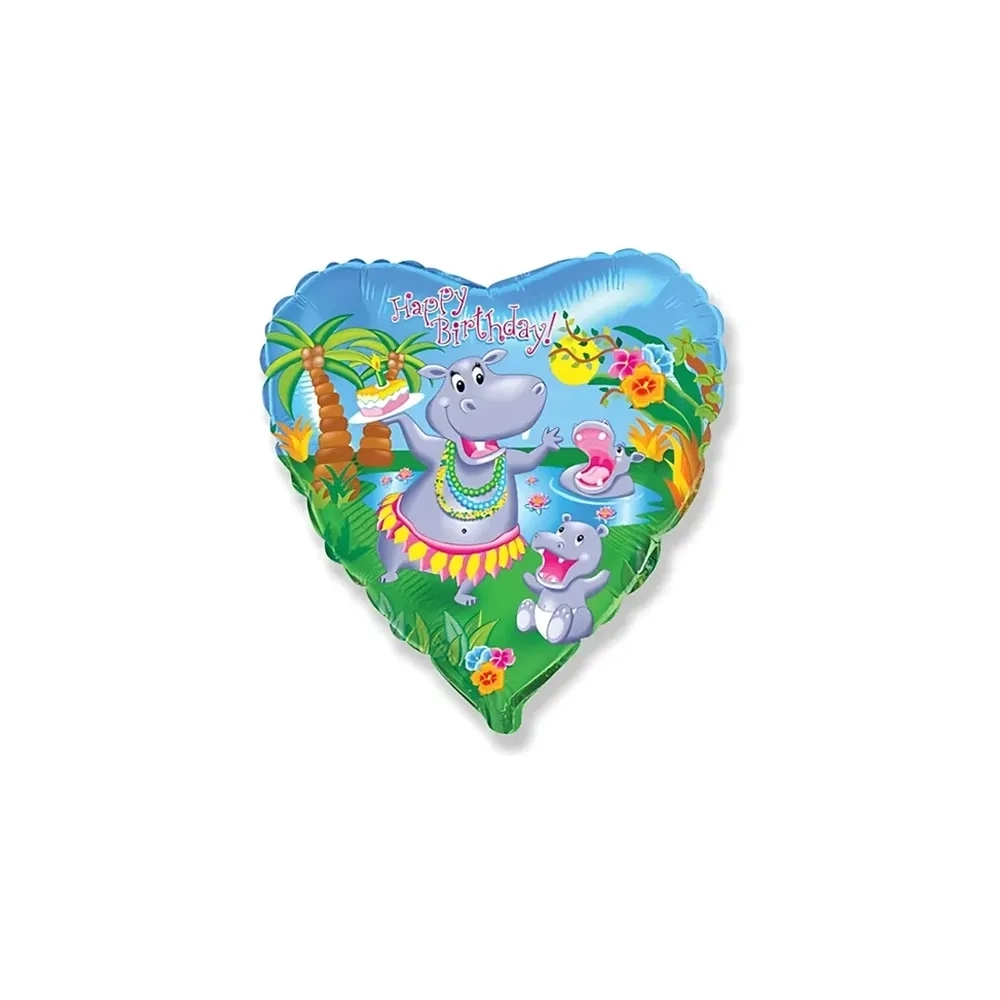 Palloncino Happy Birthday Ippopotamo cuore standard shape 18"(45cm), 1pz.