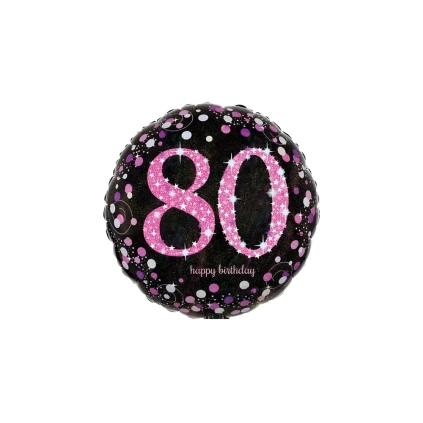 Palloncino Happy Birthday 80 rosa e nero olografico standard shape 18" (45cm) in mylar, 1pz.
