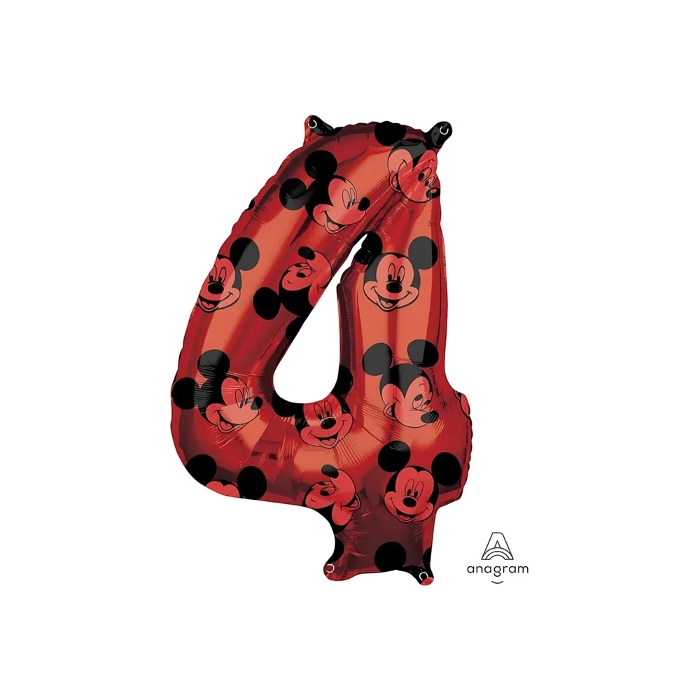 Palloncino numero 4 Rosso Topolino super shape 37" (93cm) in mylar, 1pz.
