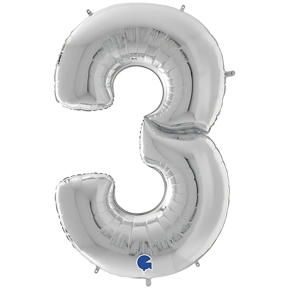 Palloncino numero 3 Argento mega shape 64" (162cm) in mylar, 1pz.