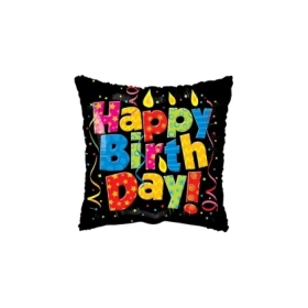 Palloncino quadrato Nero Happy Birthday con Candele standard shape 18" (45cm) in mylar, 1pz.