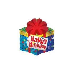 Palloncino Scatola regalo con Fiocco Rosso e testo Happy Birthday standard shape 18" (45cm) in mylar, 1pz.