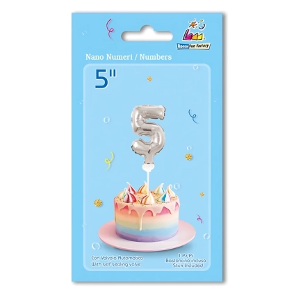 Palloncino numero 5 Argento micro shape 5" (12cm) in mylar, 1pz.