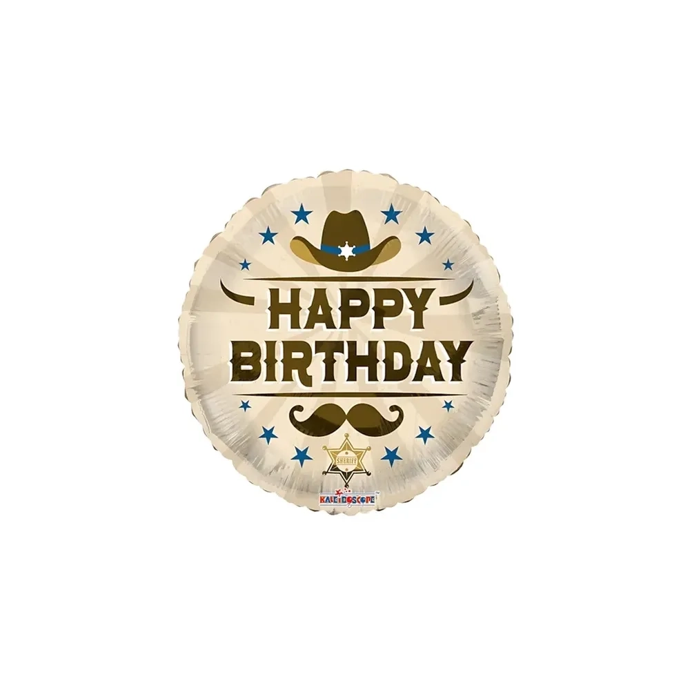Palloncino Happy Birthday Cowboy tondo standard shape 18" (45cm) in mylar, 1pz.