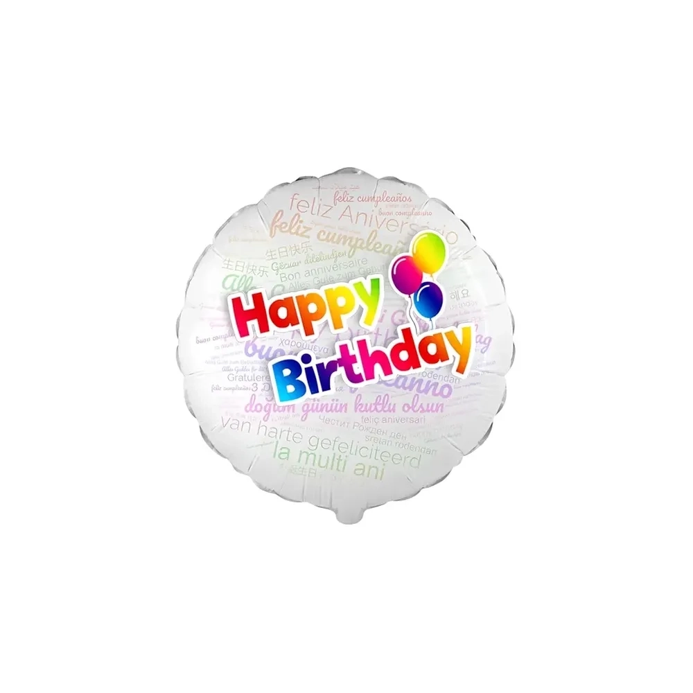 Palloncino Happy Birthday Multilingue tondo standard shape 18" (45cm) in mylar, 1pz.