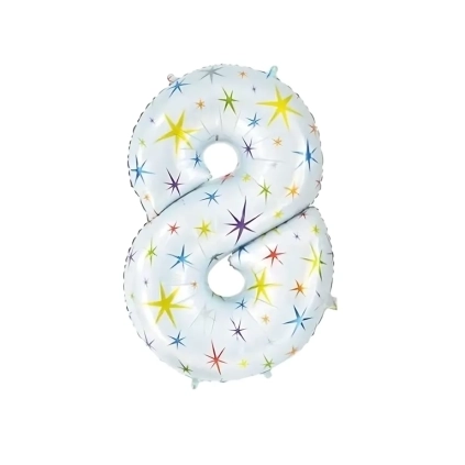 Palloncino Numero 8 Bianco con Exploding Stars super shape 40" (101cm) in mylar, 1pz.