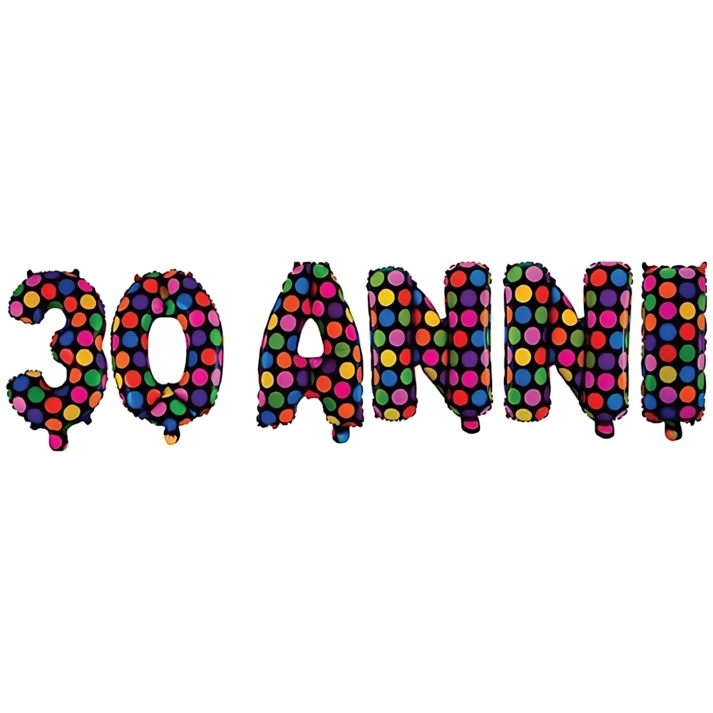 Palloncino Kit scritta 30 Anni con Pois mini shape 14" (35cm) in mylar, 1pz.