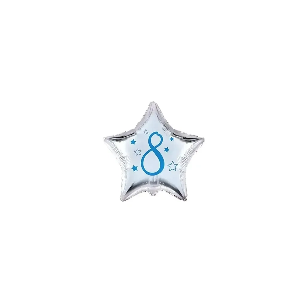 Palloncini stelline con numero 8 blu micro shape 4" (10cm) in mylar, 5pz.